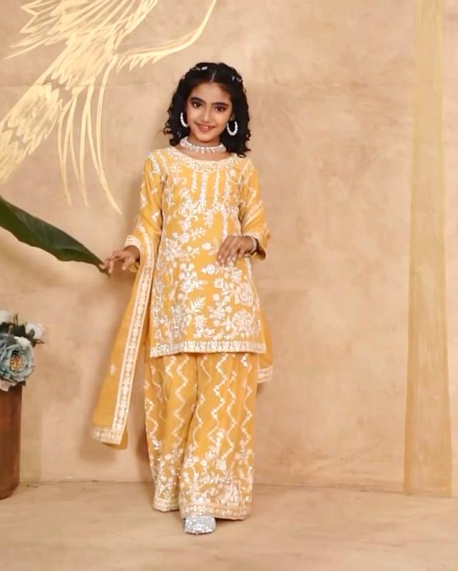 DESIGNER WEAR TOP WITH SHARARA OC 216 Georgette yellow Bulk kids clothing manufacturer in Pune